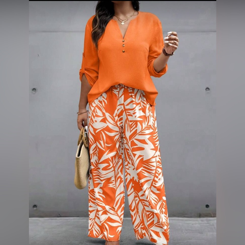 2Pcs Orange and White Patterned Women's Pants